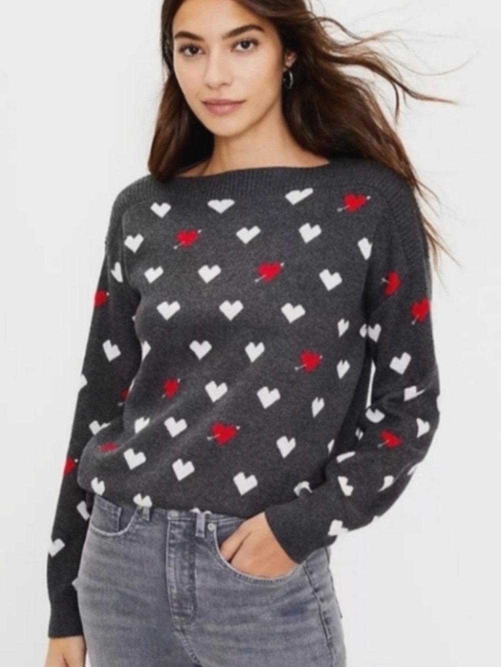 LOFT BOAT NECK HEART SWEATER